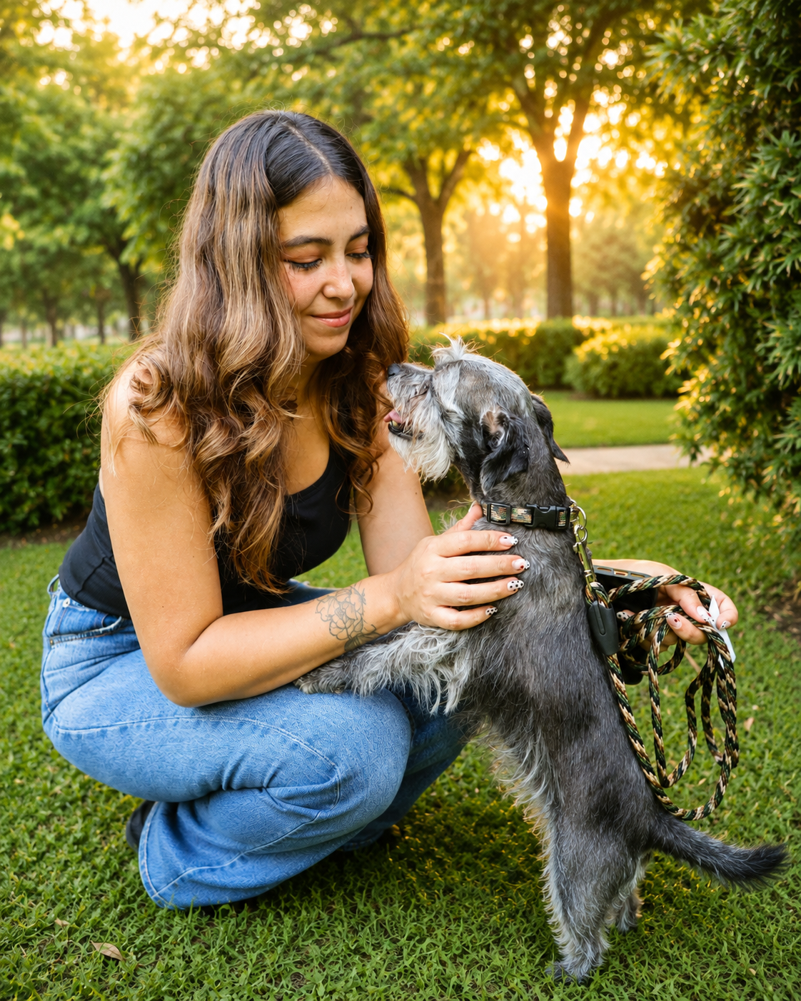 Persona paseando a su perro con un producto Colibrí