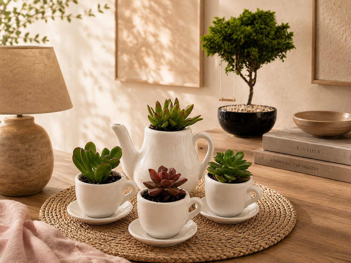 Juego de suculentas y bonsái decorativo Colibrí en ambiente de hogar