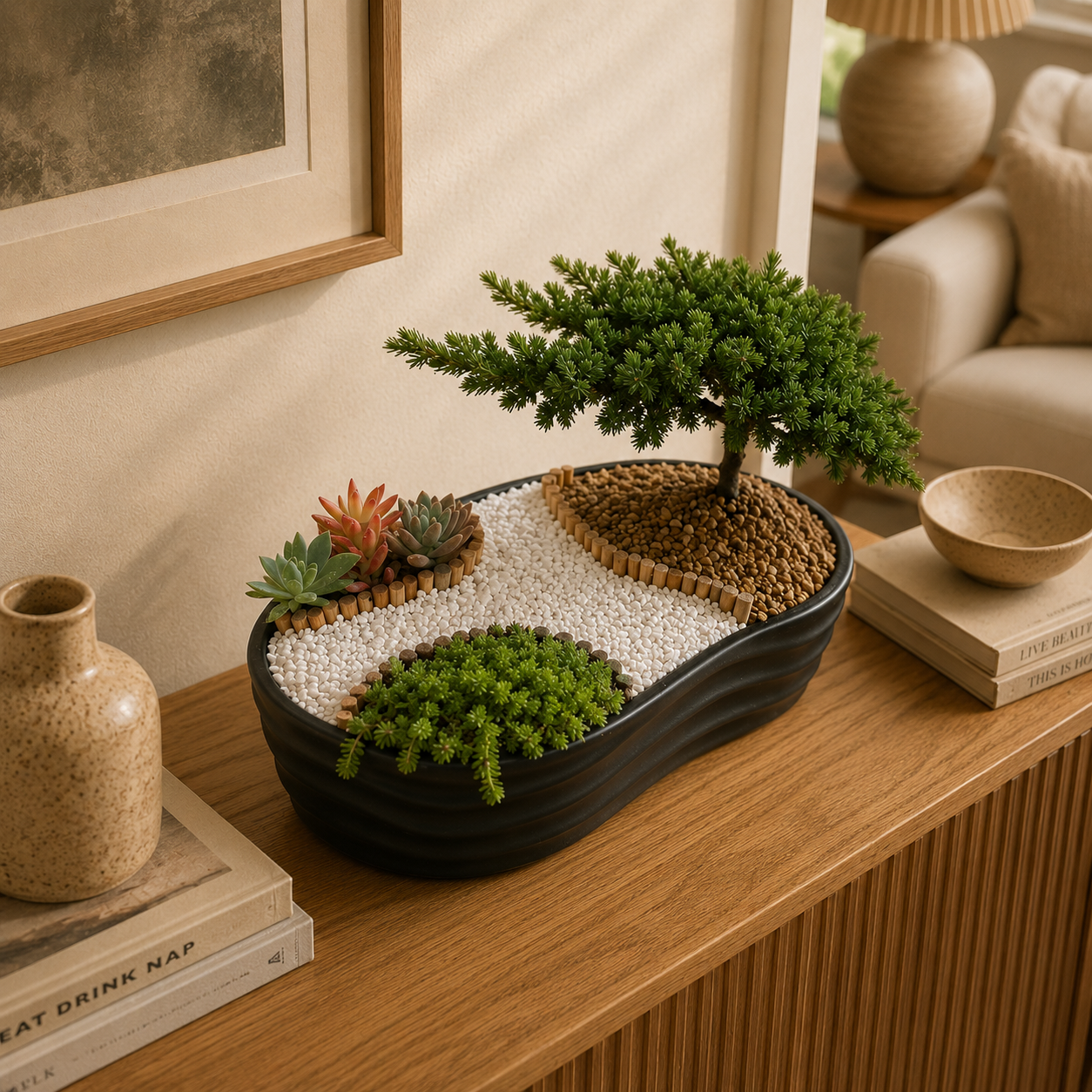 Bonsái y suculentas decorativas Colibrí en ambiente de hogar